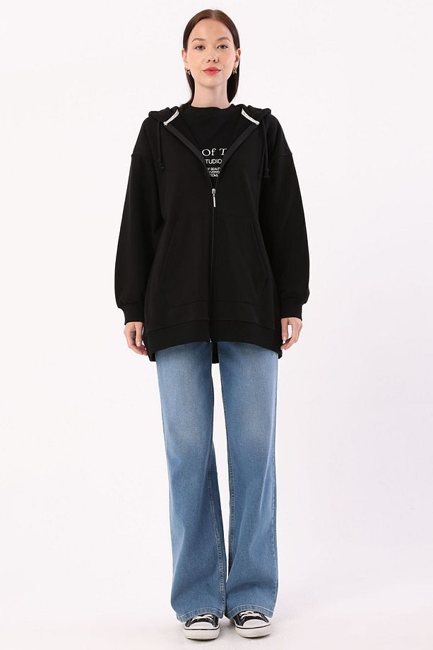 Siyah Kanguru Cepli Oversize Sweat Hırka - 2