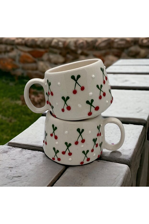 كوب سيراميك مصنوع يدويًا بنمط النقش الكرز مكون من قطعتين - 1