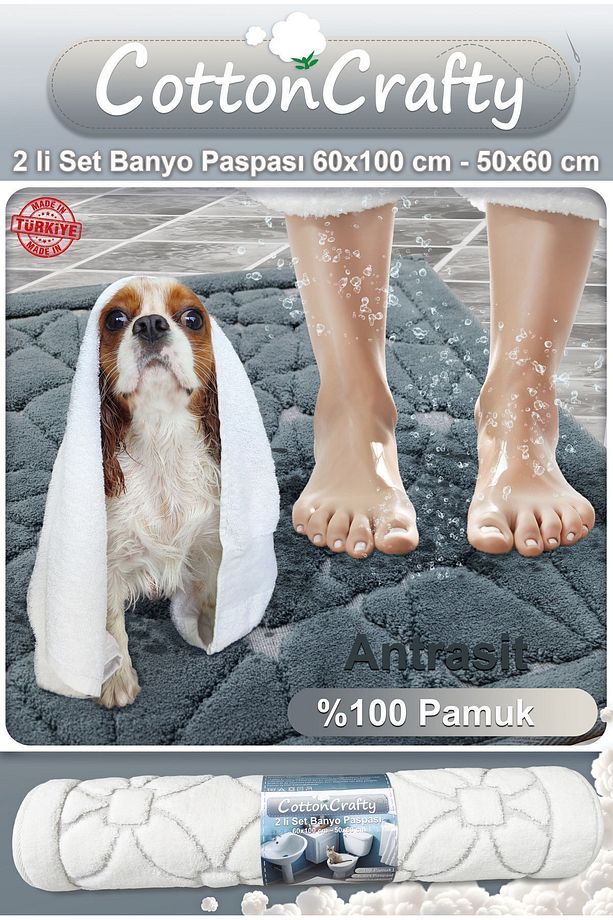 %100 Pamuk Dokuma Banyo Paspas Seti, Banyo Halısı Şerit 2 Li Set 60x100 - 60x50 - 4