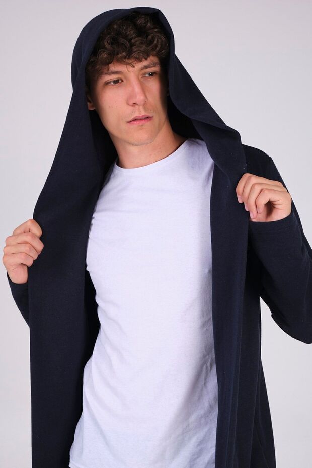 Erkek Lacivert Regular Fit Kapüşonlu Uzun Panço Hırka - 4