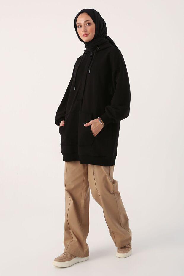 Siyah Oversize Kapüşonlu Kanguru Cepli Sweat Tunik - 1