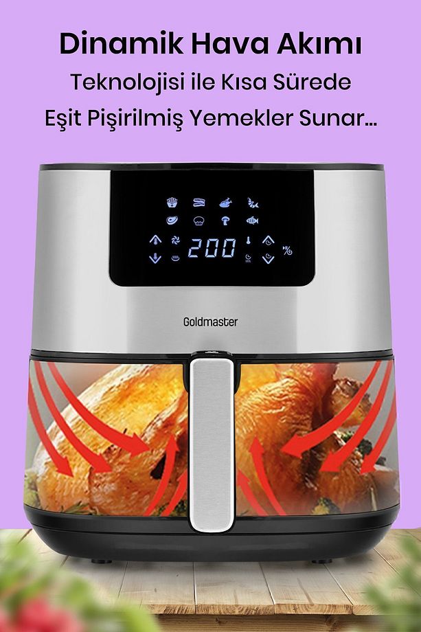 Novo 2000 Watt Yüksek Güç 6,4 Litre Inox Geniş Xxl Dokunmatik Airfryer Yağsız Sıcak Hava Fritözü - 5