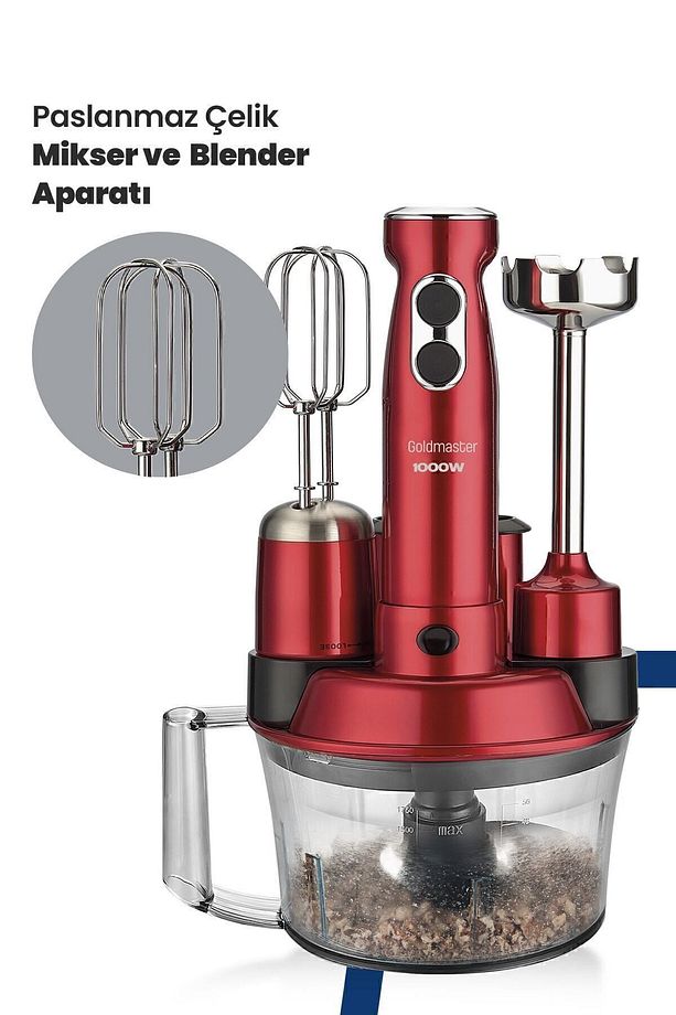 Elenamax Vişne Kırmızı 1000 Watt Hız Ayarlı %100 Bakır Motor 5 In 1 Mutfak Robotu Multi Blender Seti - 5