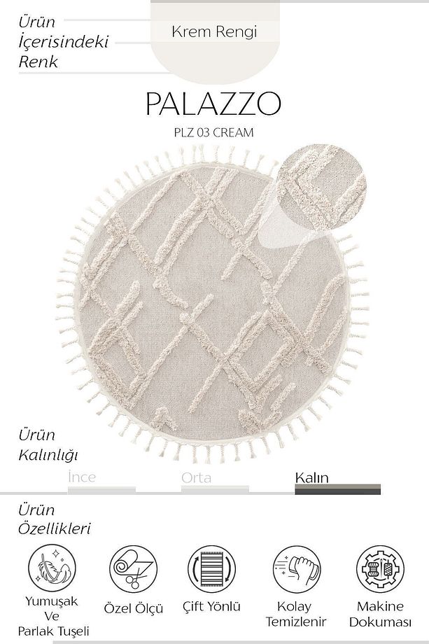 Palazzo 03 Krem Hav Toz Vermez Yumuşak Doku Mutfak Koridor Dokuma Yuvarlak Makine Halısı - 2