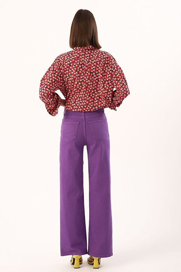 Mor Wide Leg Yüksek Bel Pantolon - 5