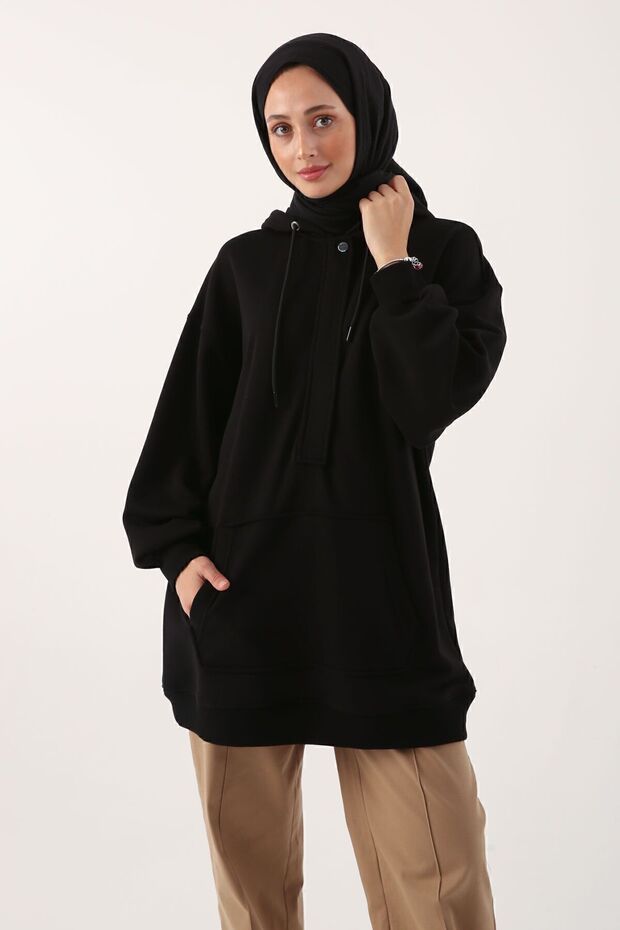 Siyah Oversize Kapüşonlu Kanguru Cepli Sweat Tunik - 5