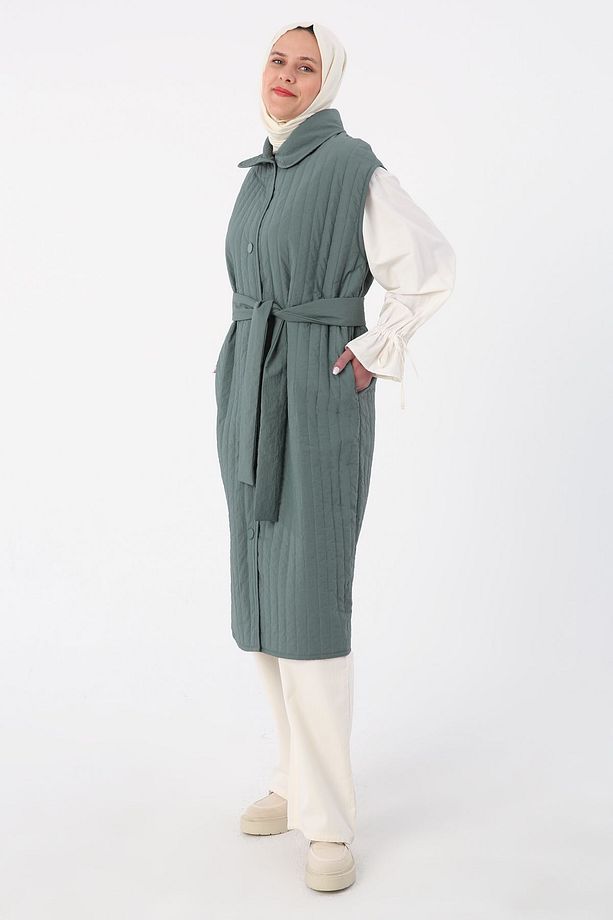 Küf Oversize Çıtçıtlı Dikey Çizgi Uzun Kapitone Yelek - 3