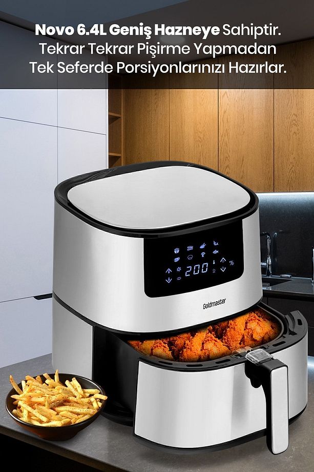 Novo 2000 Watt Yüksek Güç 6,4 Litre Inox Geniş Xxl Dokunmatik Airfryer Yağsız Sıcak Hava Fritözü - 6