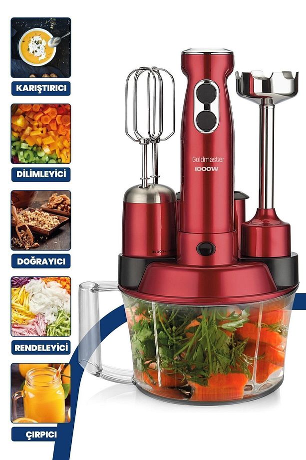 Elenamax Vişne Kırmızı 1000 Watt Hız Ayarlı %100 Bakır Motor 5 In 1 Mutfak Robotu Multi Blender Seti - 8