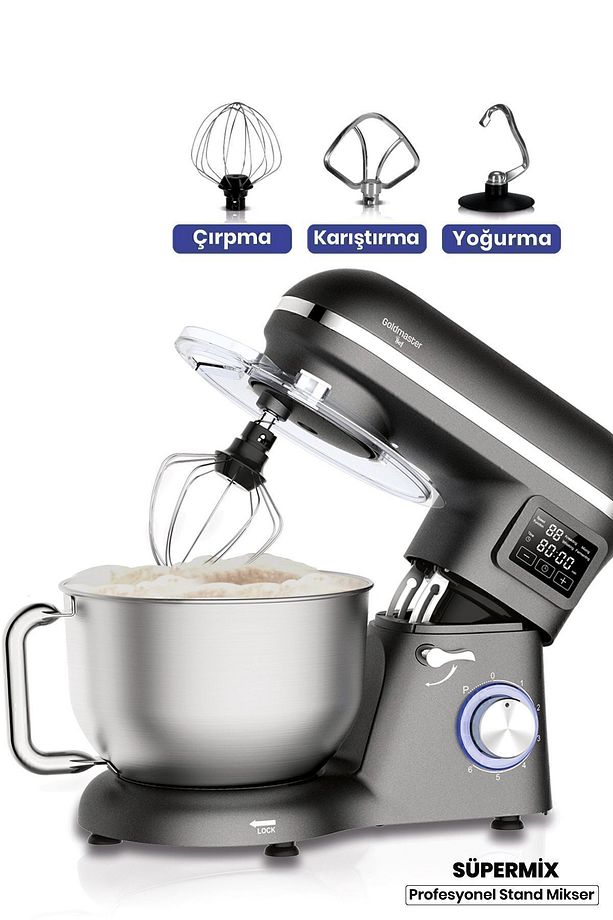 Süpermix Dokunmatik 1500Watt 5.5 Litre Çırpma Karıştırma Yoğurma Antrasit Stand Mikser Mutfak Şefi - 1