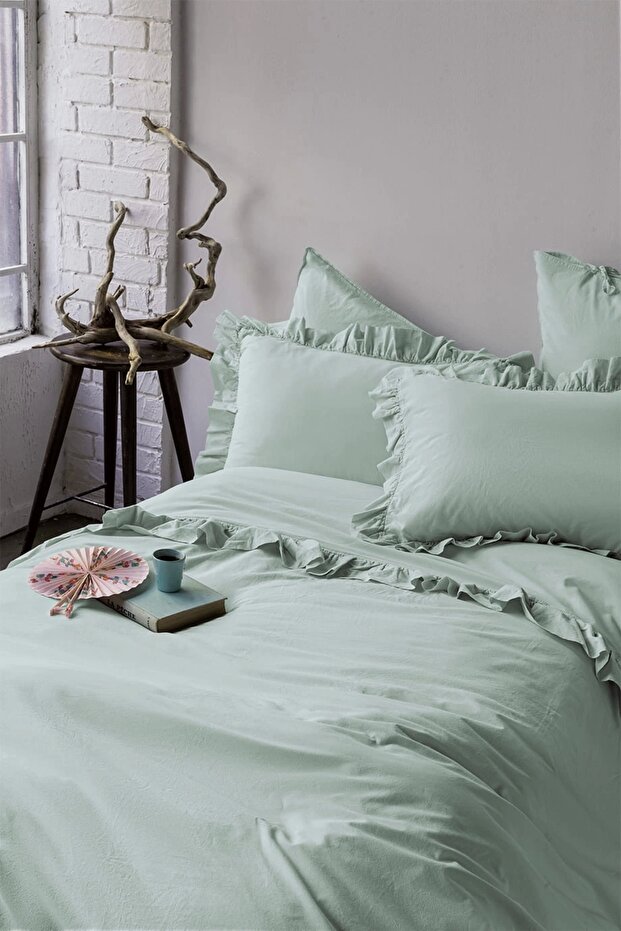 Frill Mint Washed 100% Cotton Poplin Duvet Cover Set Double