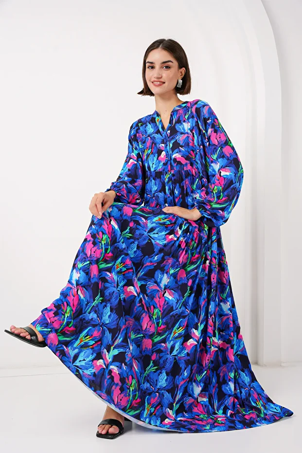 2423 Model Authentic Patterned Turquoise Dress - 1