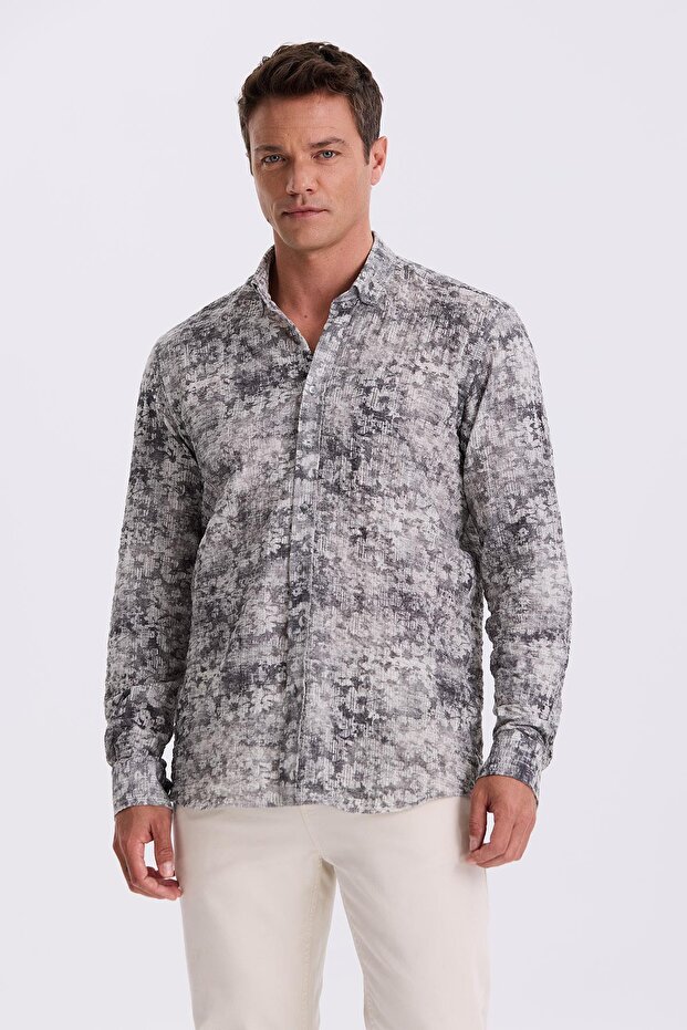 Black Patterned Button Collar Comfort Fit Shirt