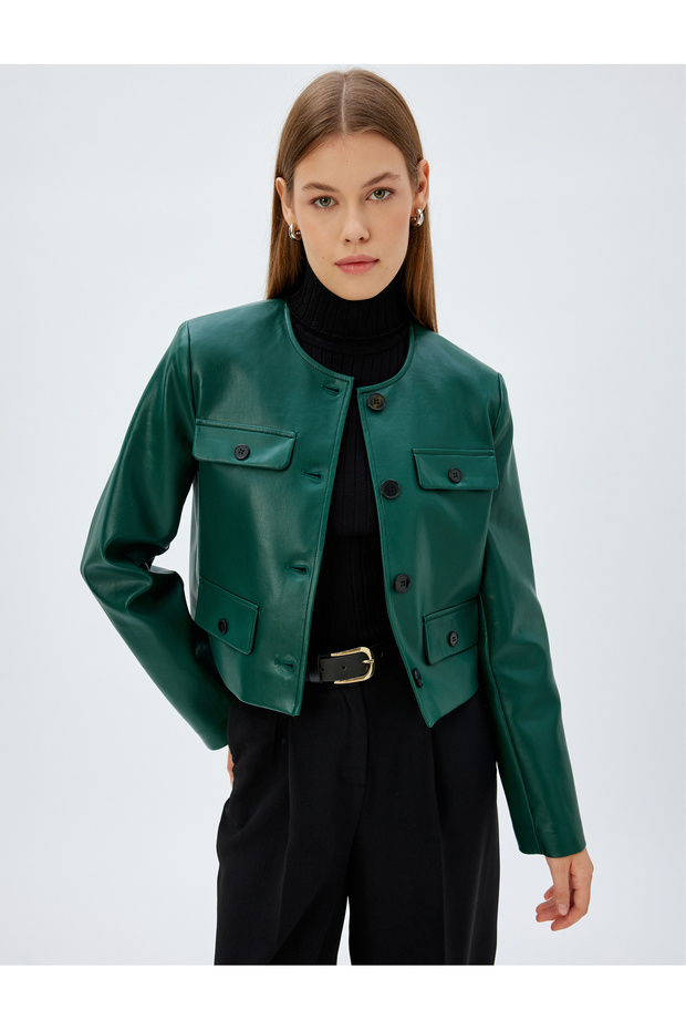 Faux Leather Jacket with Round Collar and Pocket Detail
