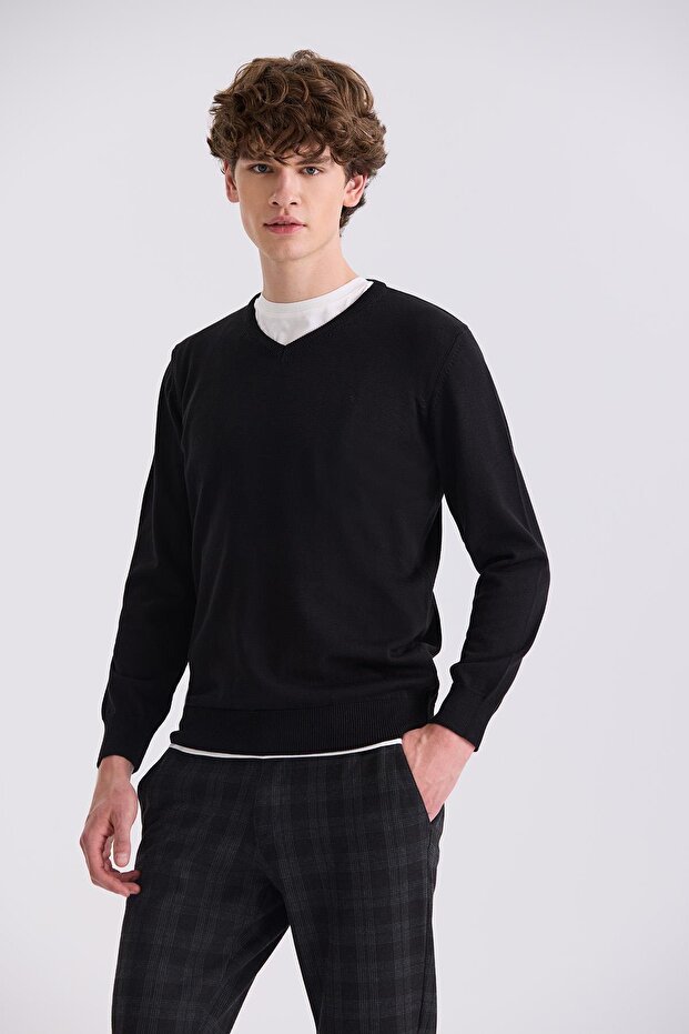 Black Slim Fit V-Neck Knitwear Sweater