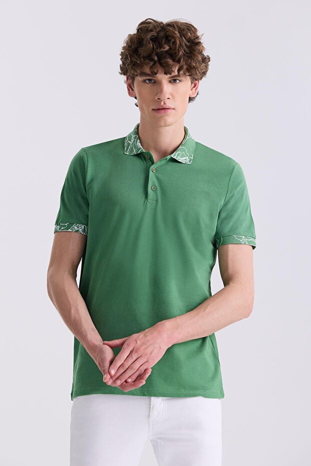 Green Slim Fit Printed Polo Neck T-Shirt