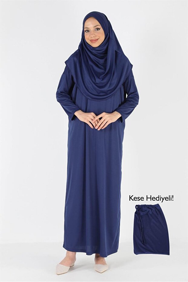 Practical One-Piece Non-Slip Hijab Easy-To-Wear Prayer Dress - with Bag - Navy Blue