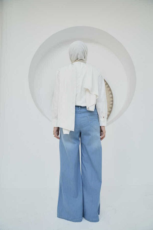 1067-Denim Bol Paça Pantolon Açık Mavi - 3