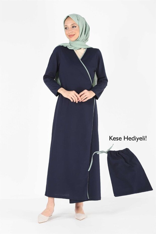 1998_Practical Side Tie Double Breasted Piping Belted 100% Cotton Fabric Hijab Prayer Dress