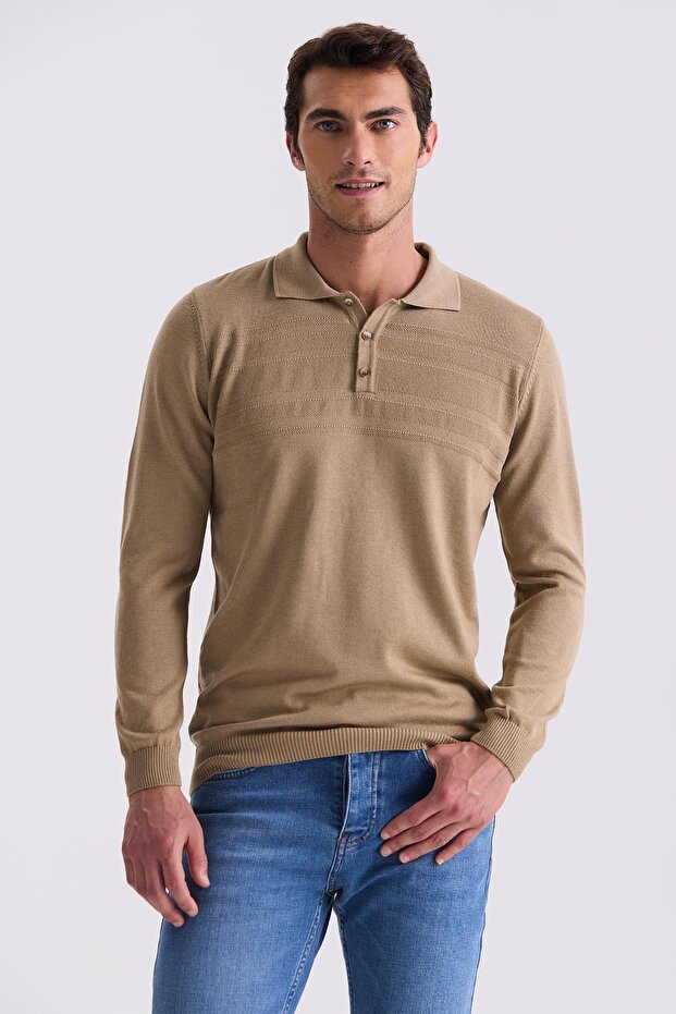 Beige Classic Fit Button Detailed Polo Collar Knitwear Sweater