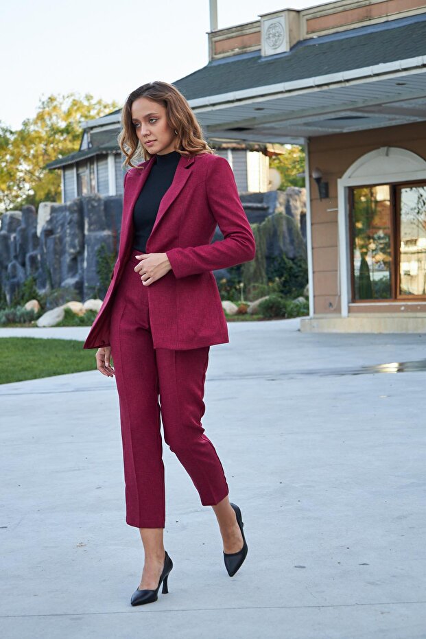 مجموعة تأثير الصوف ذات الزر الواحد باللون العنابي - 5