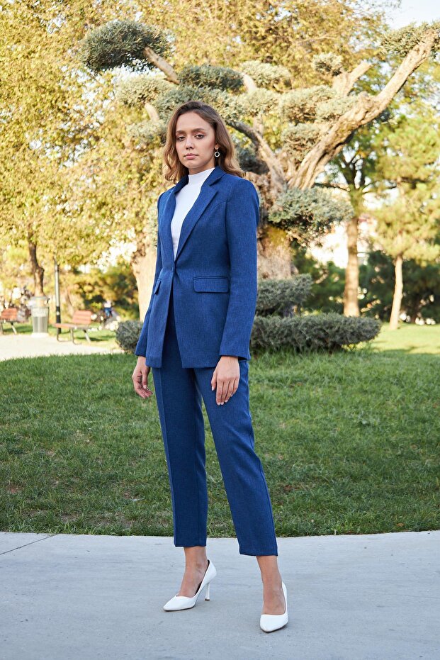 Navy Blue Single Button Wool Effect Set - 6