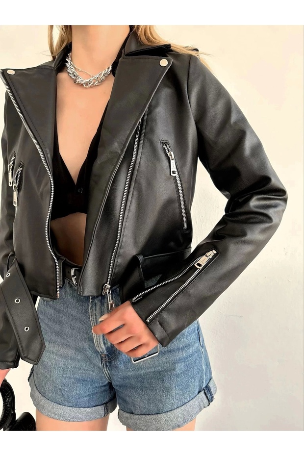 Biker Kemerli Deri Ceket - 4