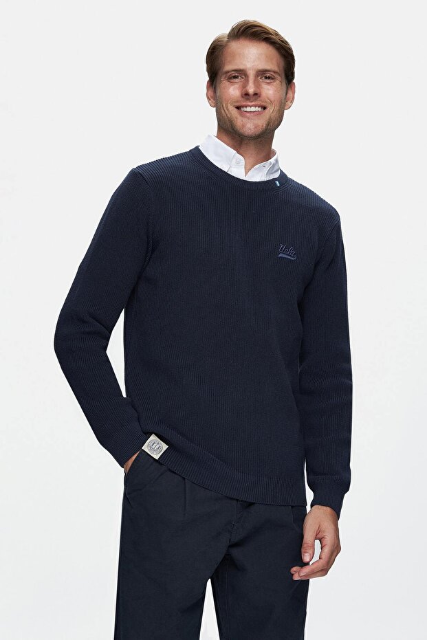 Emory Dark Navy Blue Crew Neck Embroidered Standard Fit Men's Knitwear