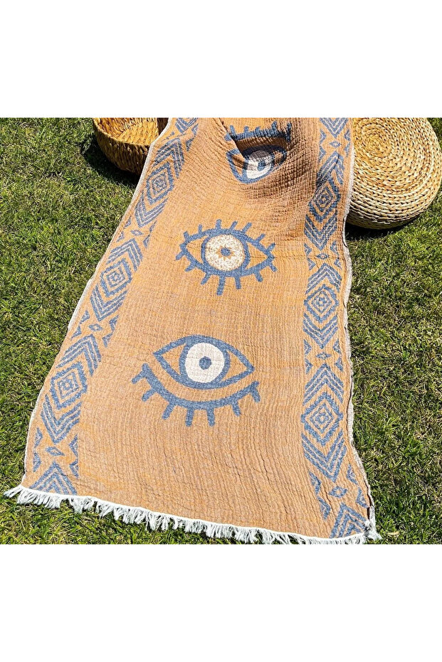 90X180 Double Sided 3 Layer Muslin Eye Patterned Kilim Motif Beach Towel - Peshtamal - Orange