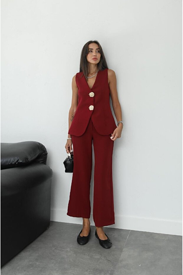 Burgundy Large Gold Buttoned Vest Pants Set