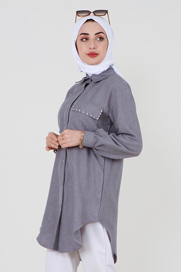 Cebi Taş Detaylı Gömlek-Gri - 4