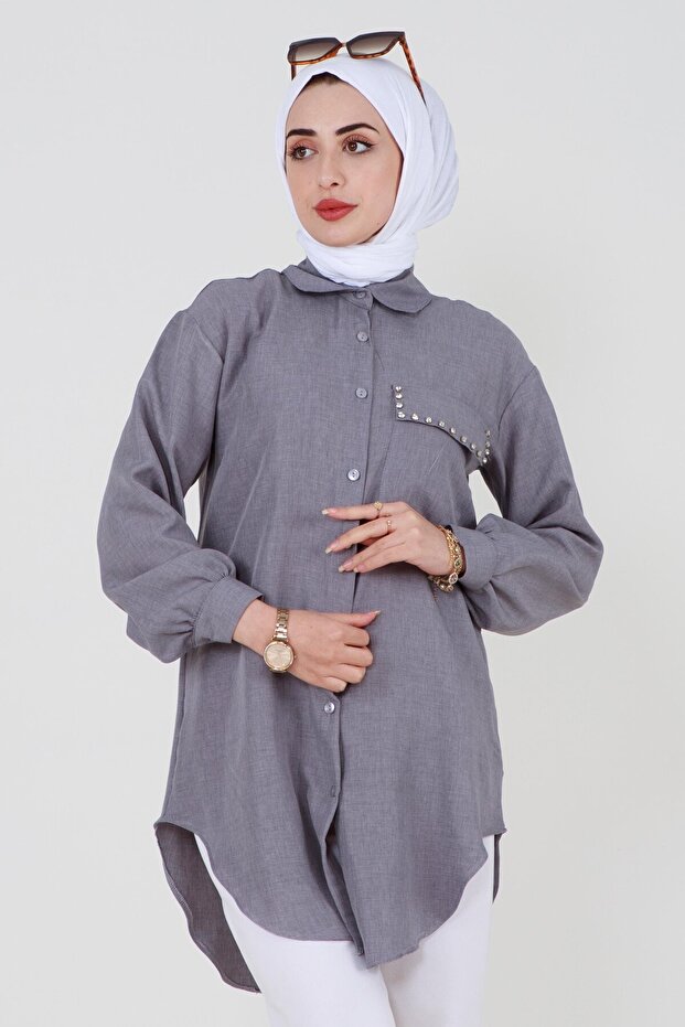 Cebi Taş Detaylı Gömlek-Gri - 1