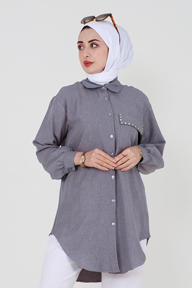 Cebi Taş Detaylı Gömlek-Gri - 3