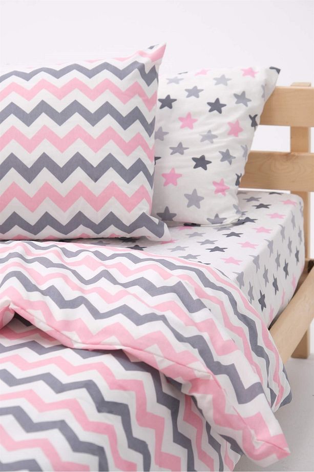 Zigzag Desenli Lastikli Çarşaflı Pamuklu Tek Kişilik Nevresim Takımı - Pembe - 3