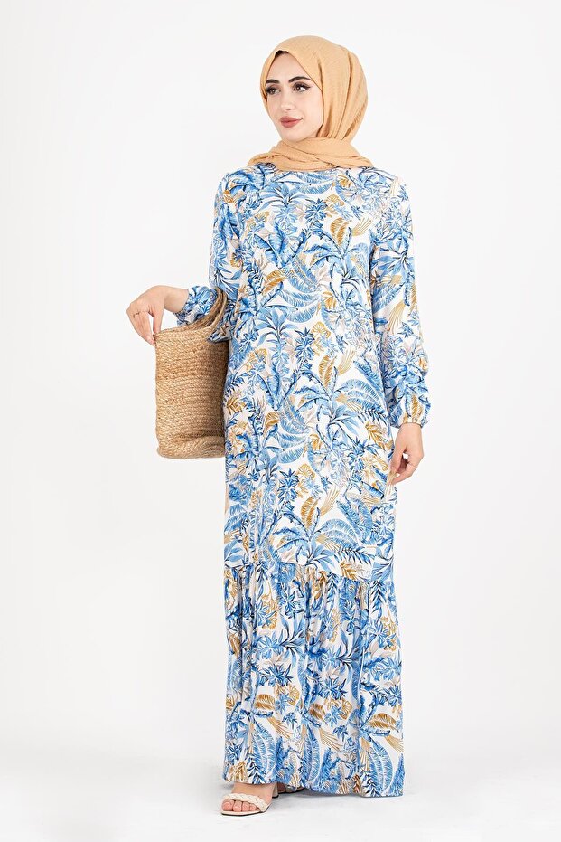 Palm Tree Patterned Coated Belted Dress-Blue