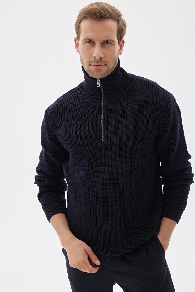 Half Zipper Thessaloniki Knit Regular Fit Cotton Men's Navy Blue Knitwear Sweater