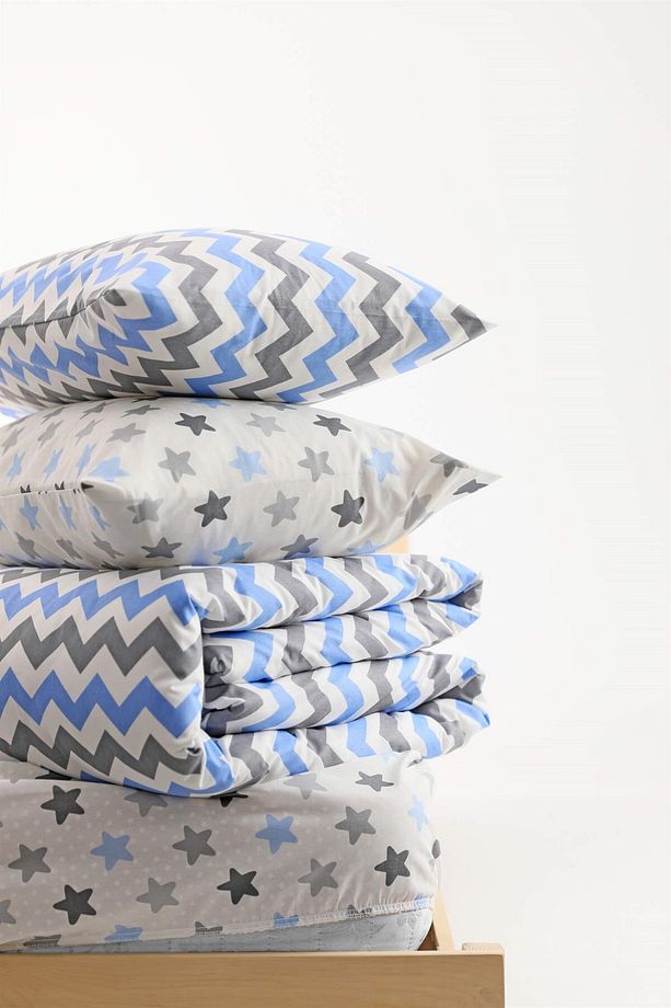 Zigzag Desenli Lastikli Çarşaflı Pamuklu Tek Kişilik Nevresim Takımı - Mavi - 6