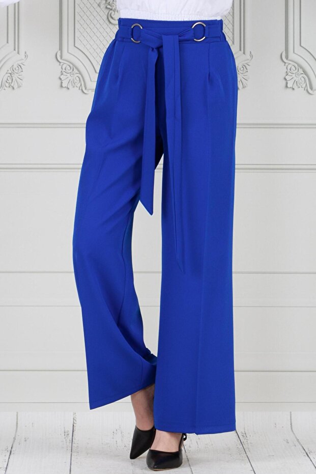 Ring Detail Wide Leg Trousers-Blue