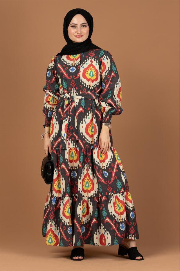Ikat Pattern Dress with belted waistband-Yellow