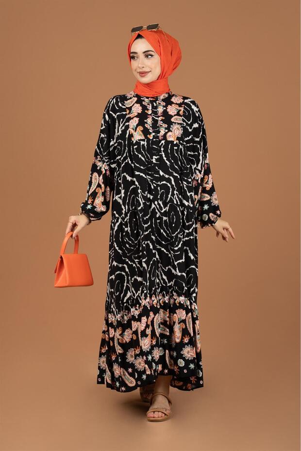 فستان شال منقوش بنصف زر - أسود - 1