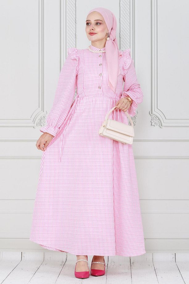 Pötükare Fırfır Detaylı Eda Elbise-Pembe - 3