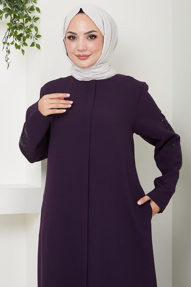 Nihan Kolları Taşlı Ferace Mürdüm Hm2485 - 4