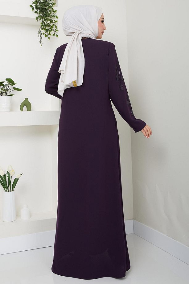 Nihan Kolları Taşlı Ferace Mürdüm Hm2485 - 6