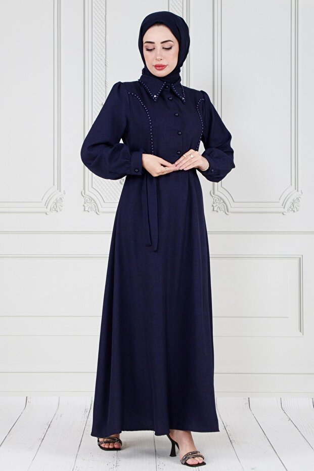 Pearl Detailed Belted Hijab Dress-Navy Blue