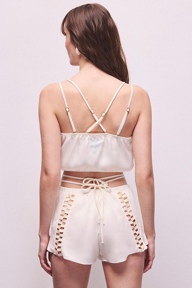Amative Grogren Detaylı Ekru Şortlu Saten Pijama Takımı - 4