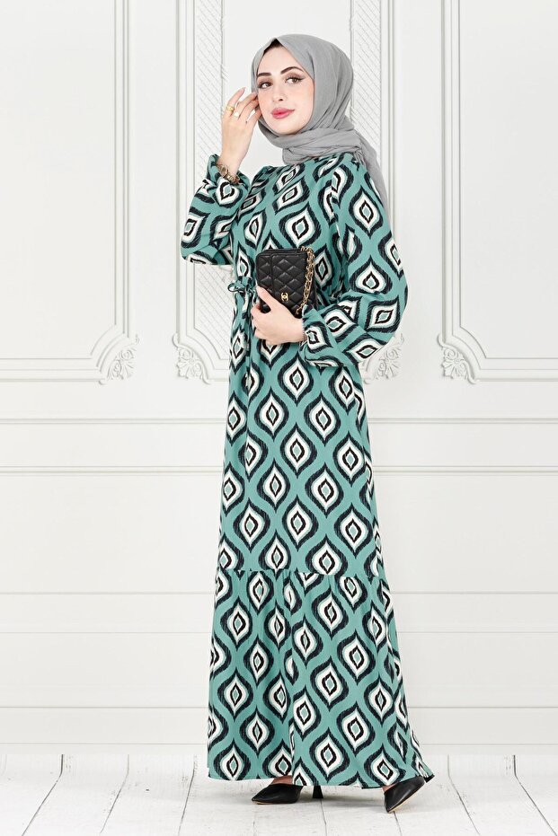 Skirt Ruffle Ikat Pattern Viscon Dress-Mint Green