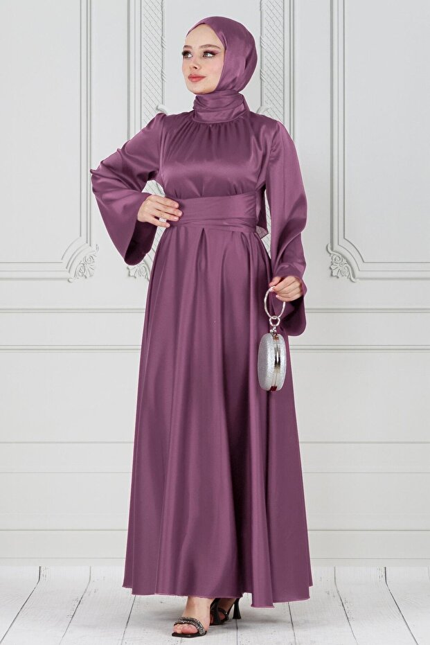 Cross Belted Satin Evening Dress-Dry Rose