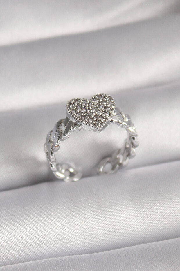 Brass Zircon Stone Heart Women's Ring (Silver Color)