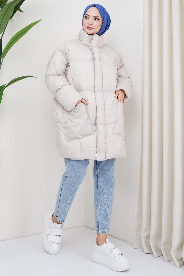 Oversize Torba Cep Şişme Mont Ekru HM2317 - 2