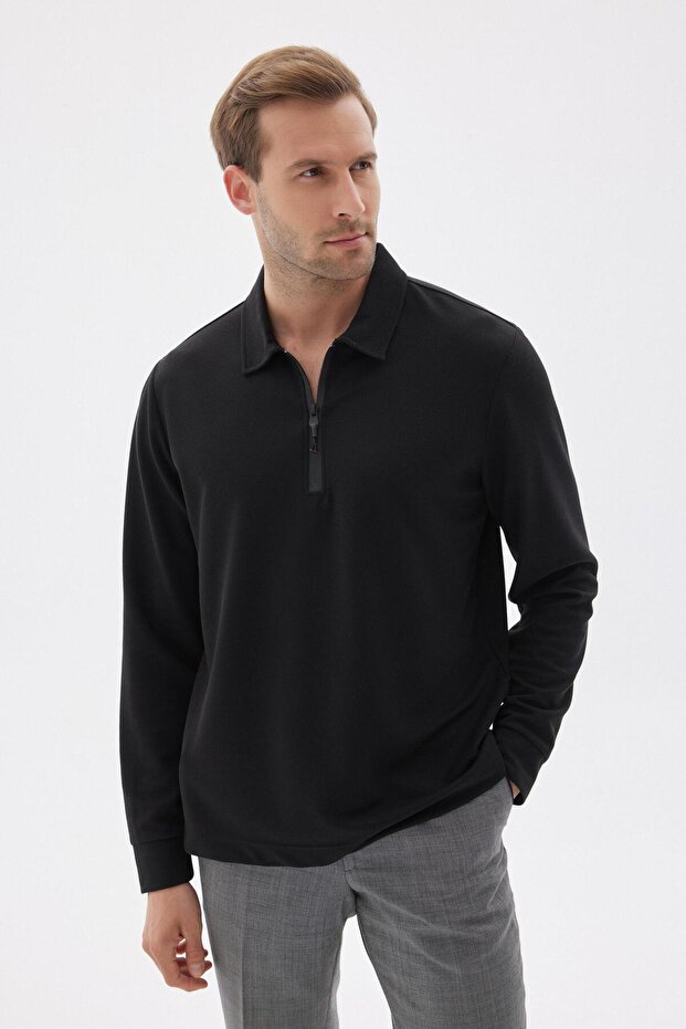 Polo Collar Zippered Comfort Fit Men's Black Sweatshirt Mars40